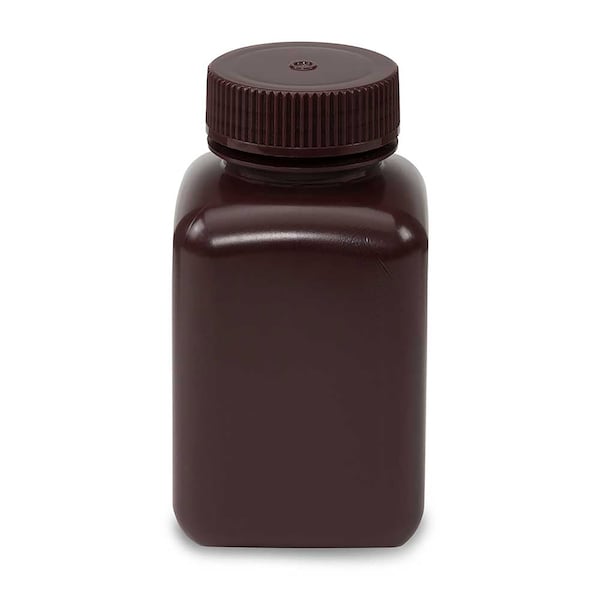 Globe Scientific Diamond RealSeal Bottle, Wide Mouth, Square, Amber HDPE with Amber PP Closure, 250mL, 12PK 7180250AM - main